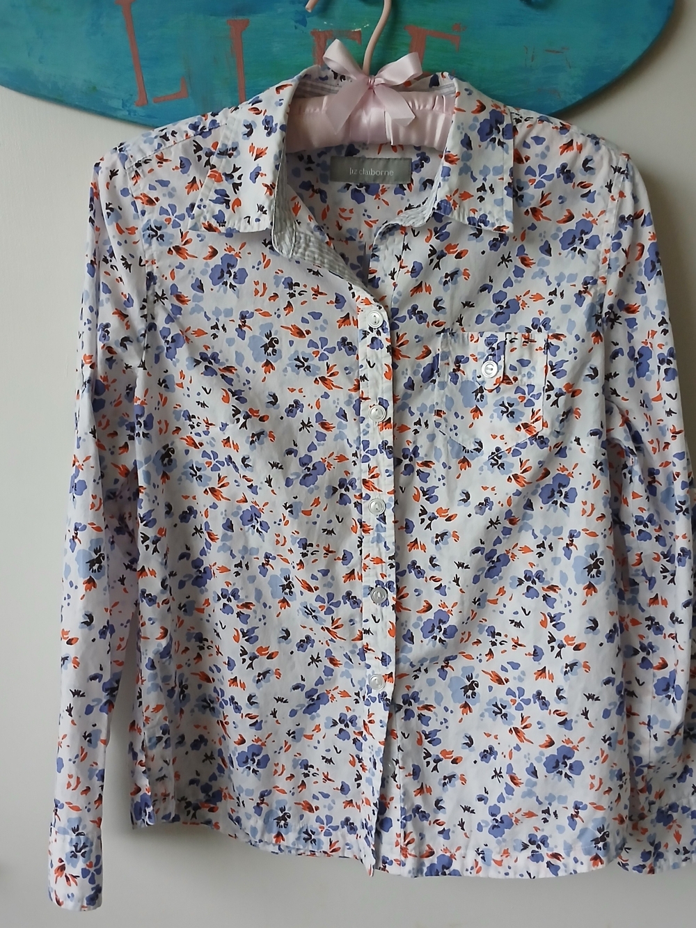 Long-Sleeve Floral Button-Up Shirt - White Blue & Orange Floral Sz XS